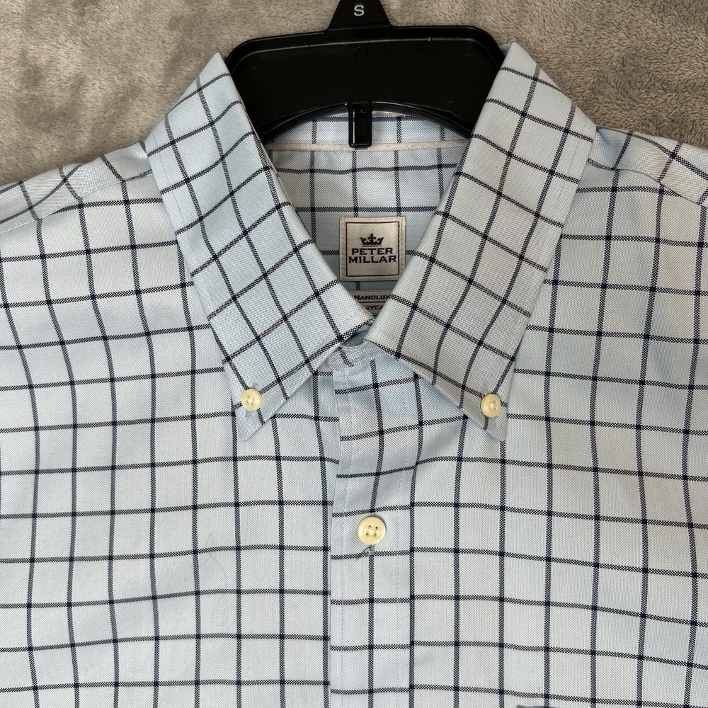 Peter Millar Button Up Shirt Men's Size Large L Blue Short Sleeves 100% Cotton